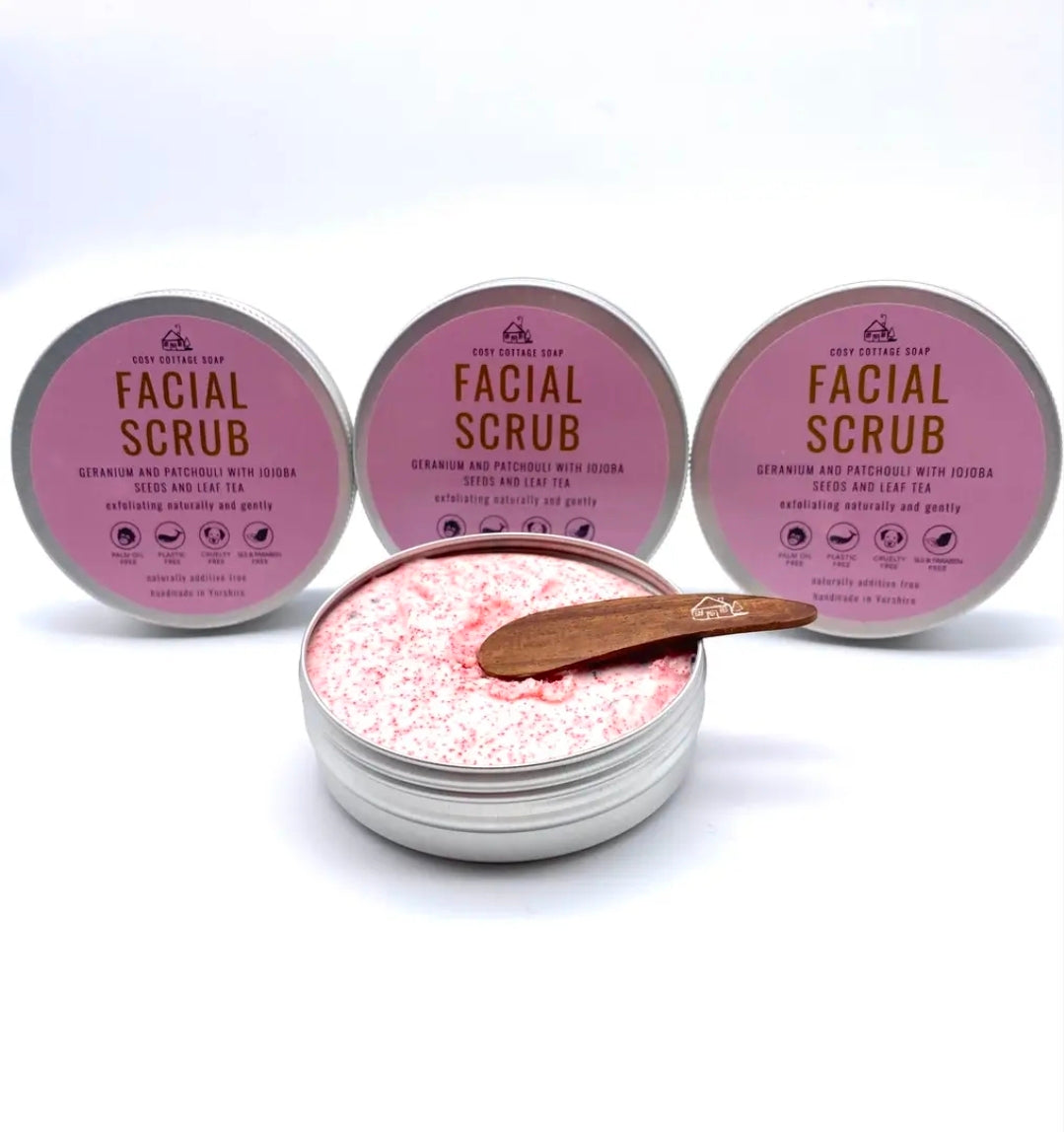 Organic Facial Scrub - Geranium & Patchouli with Jojoba Seeds & Leaf Tea - 100ml