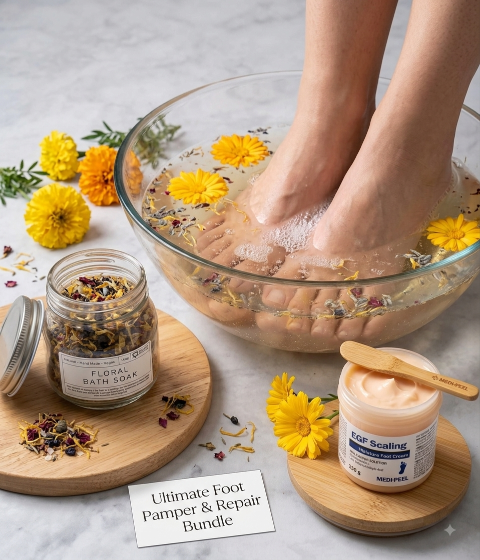 Foot Care Pamper Set MEDI PEEL EGF Foot Cream 130g & Floral Bath Soak Jar