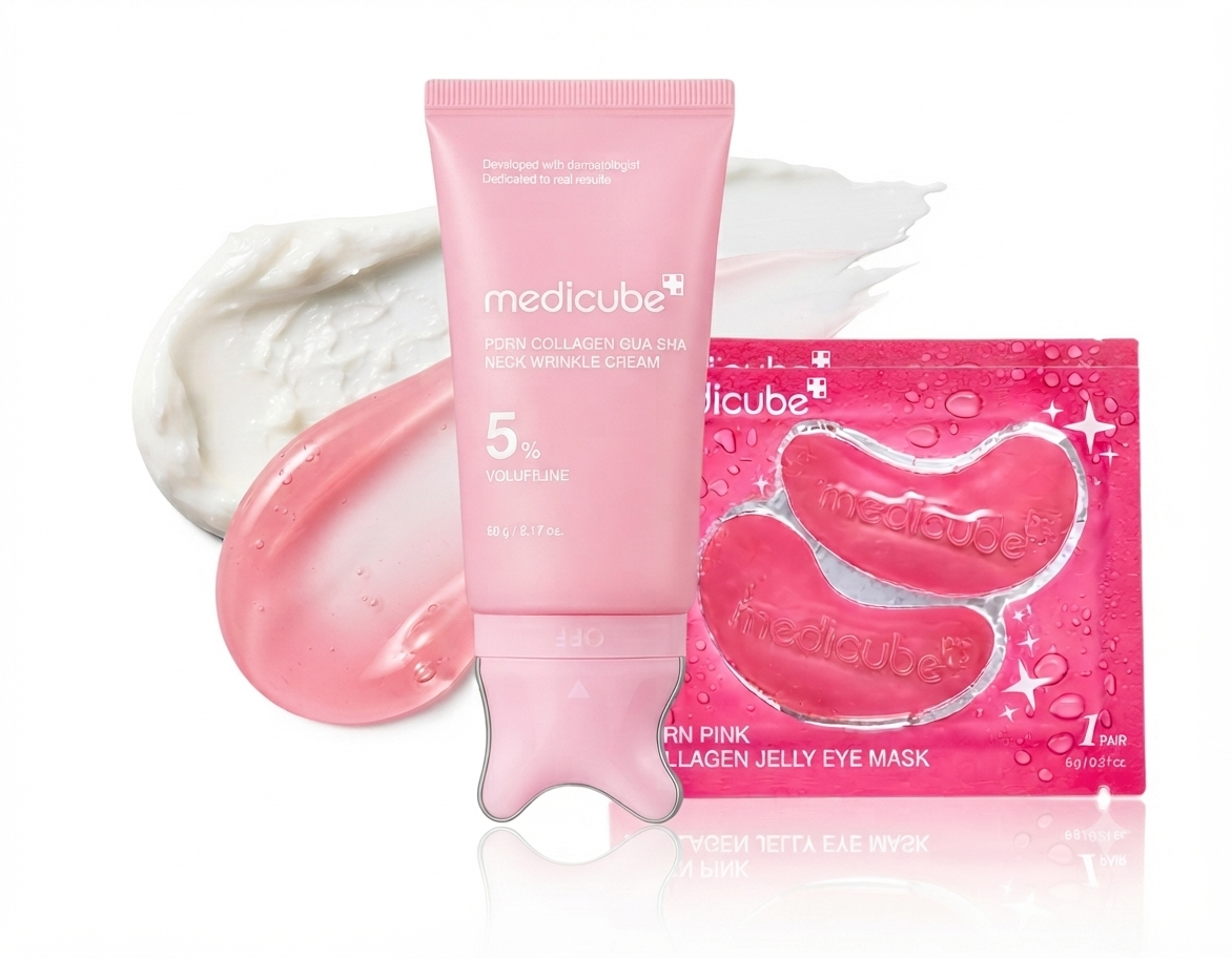 Medicube PDRN Collagen Gua Sha Neck Wrinkle Cream (5% Volufiline) & PDRN Pink Collagen Jelly Eye Mask Bundle
