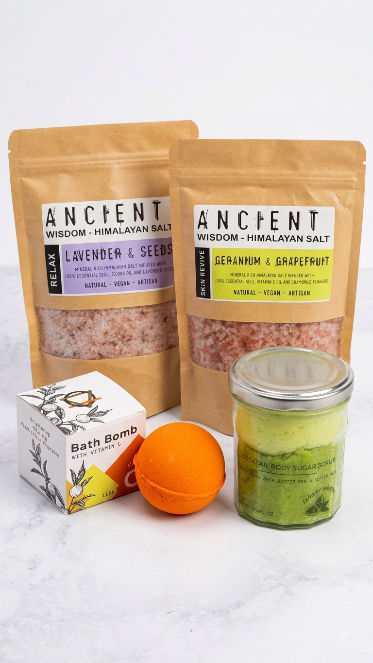 Pamper Gift Set Vegan Organic Himalayan Bath Salts Sugar Scrub Vitamin C Bath Bomb