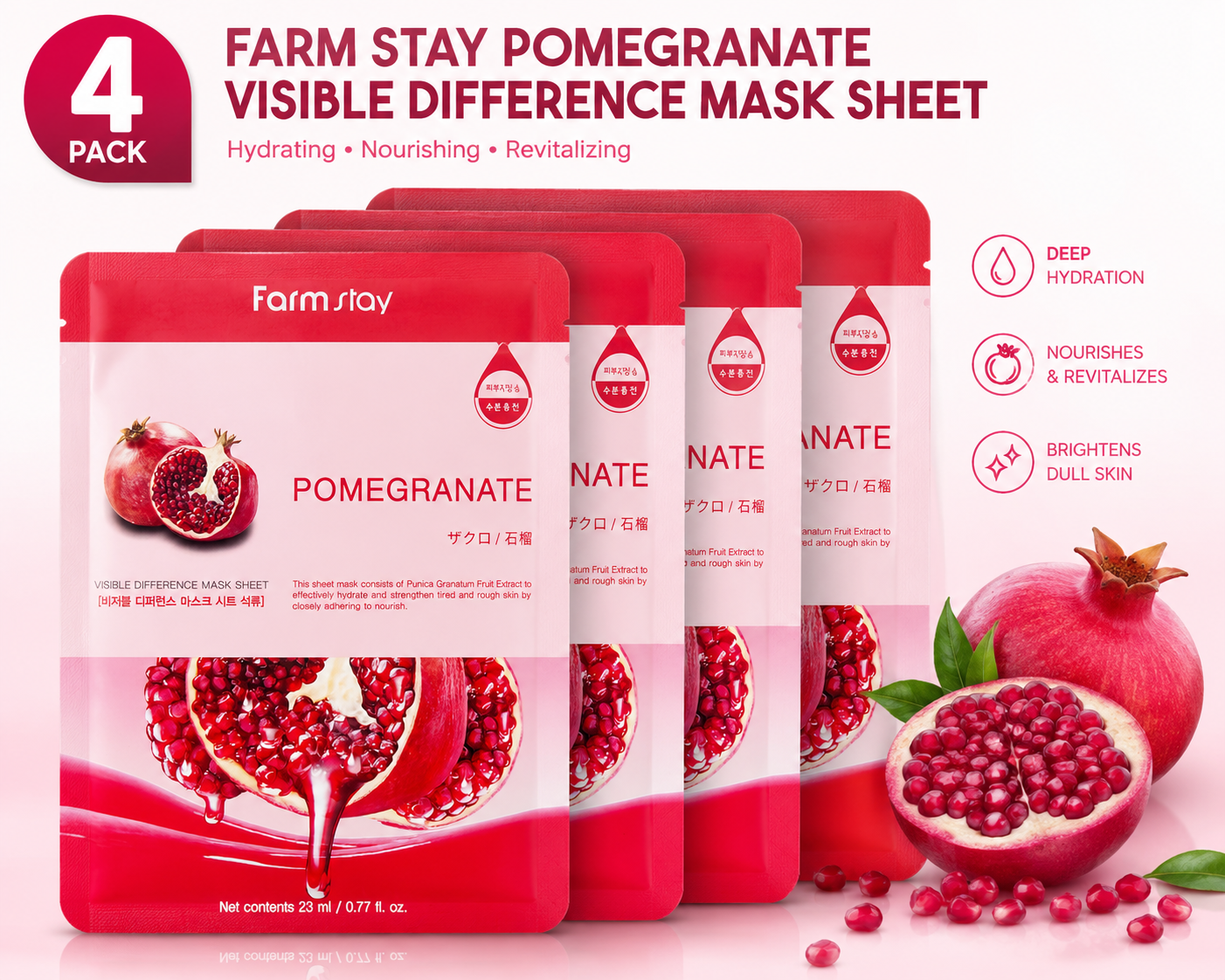 Farm Stay Pomegranate Visible Difference Mask Sheet x4 Hydrating Korean Masks