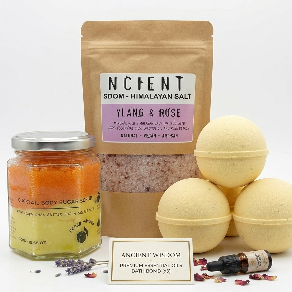 Luxury Spa Gift Bundle Essential Oil Bath Bombs Himalayan Salt Sugar Scrub