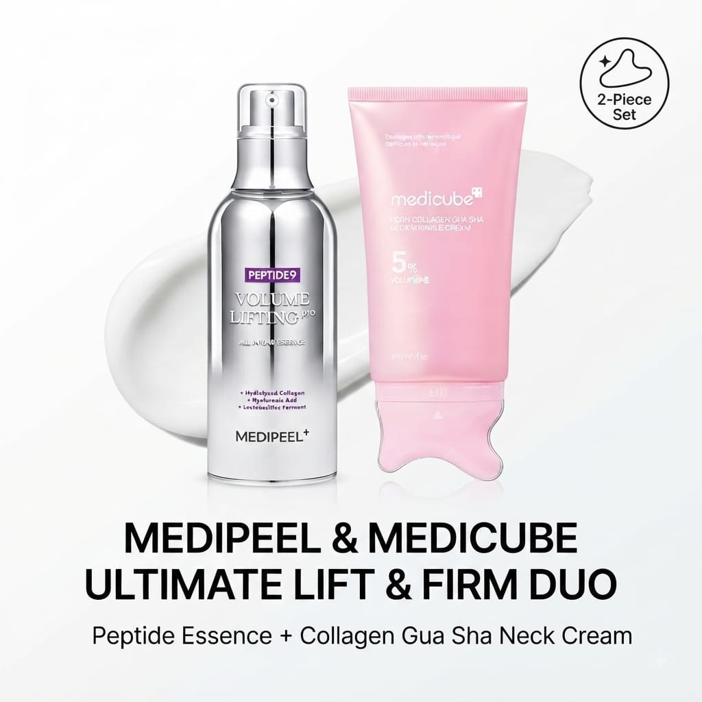 Ultimate Lift & Firm Skincare Duo: Medi-Peel Peptide Essence & Medicube Collagen Gua Sha Neck Cream Set