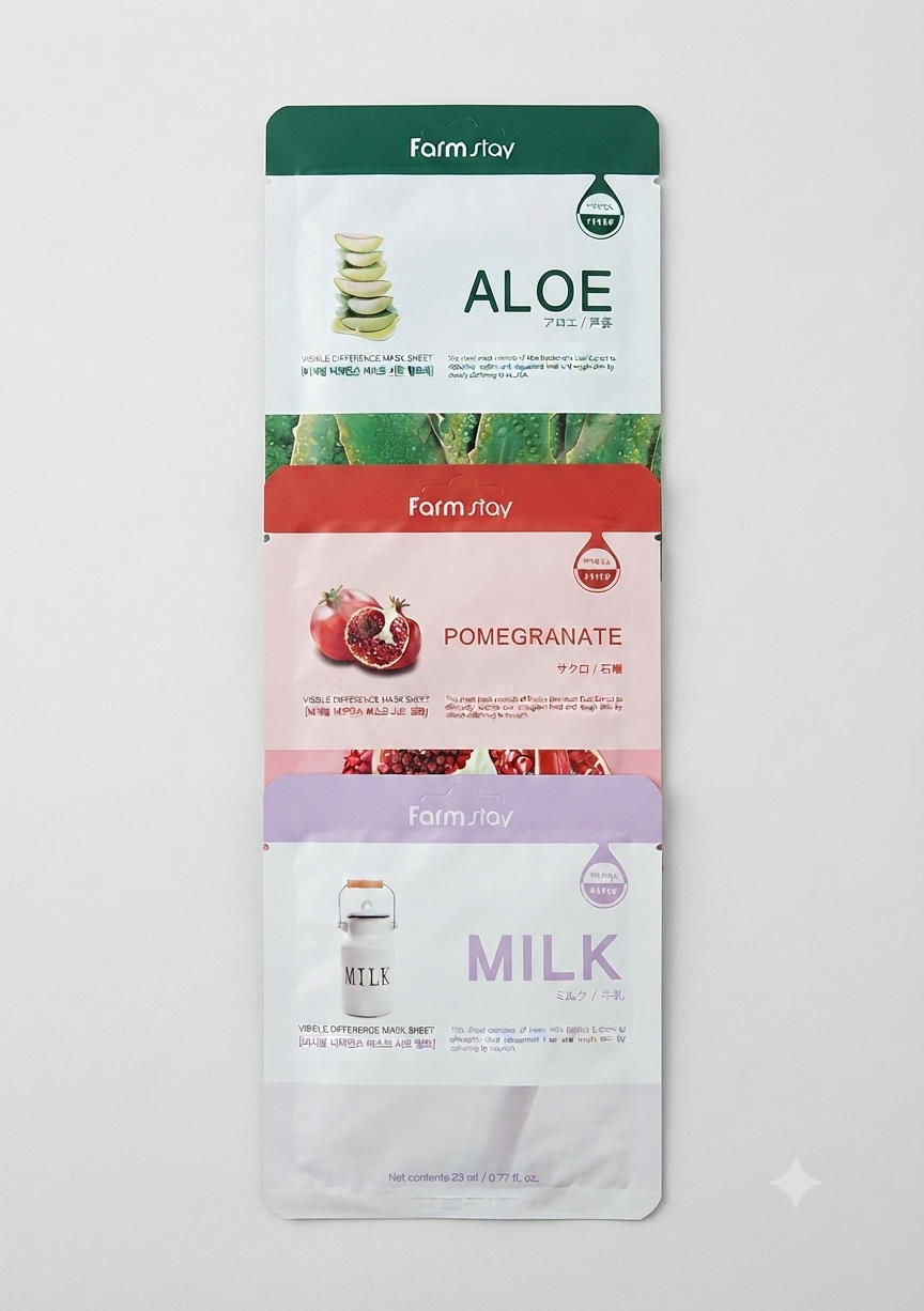 Farm Stay Visible Difference Mask Sheet Collection (Aloe, Pomegranate, Milk) 23ml ×3