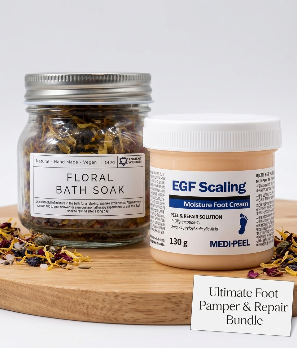 Foot Care Pamper Set MEDI PEEL EGF Foot Cream 130g & Floral Bath Soak Jar
