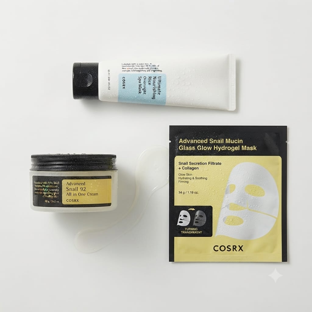 [COSRX] [Advanced Snail 92] Cream, Rice Overnight Mask & Hydrogel Sheet Mask Bundle