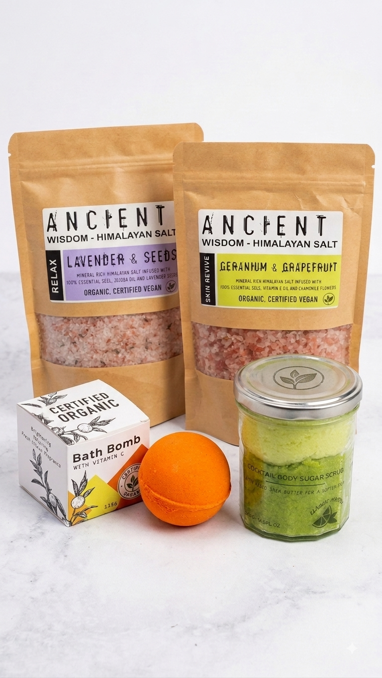 Pamper Gift Set Vegan Organic Himalayan Bath Salts Sugar Scrub Vitamin C Bath Bomb